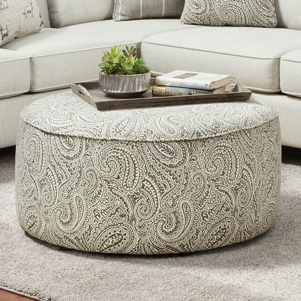 English Elm Transitional Round Upholstered Ottoman With Paisley Pattern, Welt Trim, And Multi-Finish Base B2741P355858-GIGA