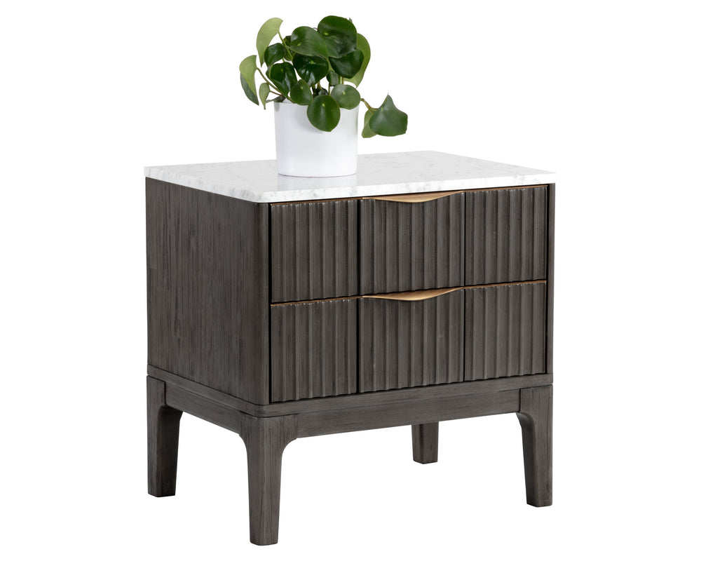 Sunpan Keldon Modern Nightstand: Sleek Acacia Wood with White Marble Top, Two Soft-Closing Drawers, Unique Design