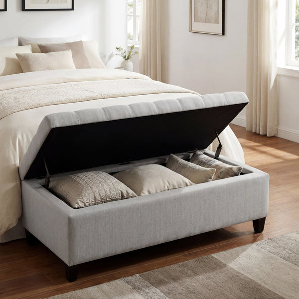 English Elm Upholstered Boucle Storage Bench Soft Close Flip Top Rubberwood Legs Bedroom Entryway Light Grey N779P395018L