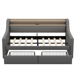 English Elm Twin Size Daybed With Built-In Storage, Charging Station & Led Lights - Stylish Gray Upholstered Design W1580S00060-GIGA