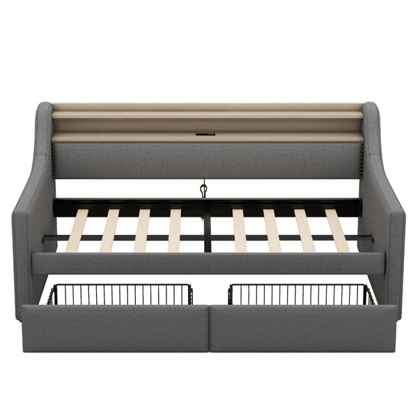 English Elm Twin Size Daybed With Built-In Storage, Charging Station & Led Lights - Stylish Gray Upholstered Design W1580S00060-GIGA