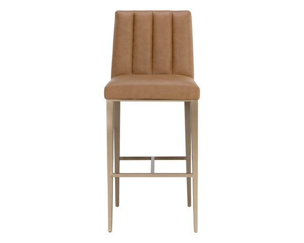 Sunpan Wilbur Barstool - Minimalist Design in Milliken Cognac Faux Leather with Stylish Stainless Steel Legs Bar Height
