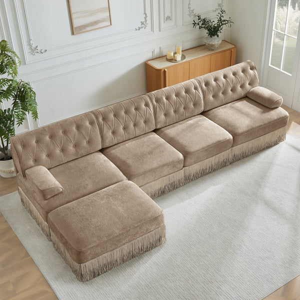 English Elm 135" Chesterfield Velvet Sectional with Tufted Back Tassel Skirt and Modular Living Room Design Camel W714S01700