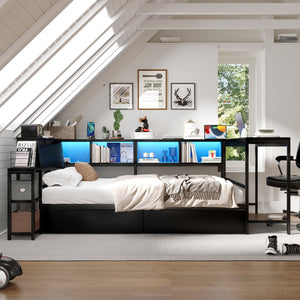 English Elm Corner Queen Platform Bed with Led Lighting Bookcase Shelving and Underbed Storage Drawers Black W1670S00034