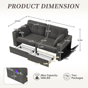 English Elm Sofas for Living Room Chenille Three Seat Couch with Usb Charging Storage and Cup Holder Gray W395S00143