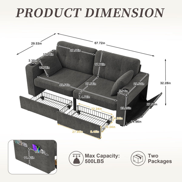 English Elm Sofas for Living Room Chenille Three Seat Couch with Usb Charging Storage and Cup Holder Gray W395S00143