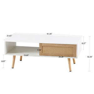 English Elm 41.34" Rattan Panel Coffee Table with Sliding Storage Door and Solid Wood Legs W1265107718