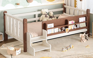 English Elm Twin Pine Floor Bed for Kids with Side Bookcases Built-in Stairs and Safety Guardrails Beige W1580P390214