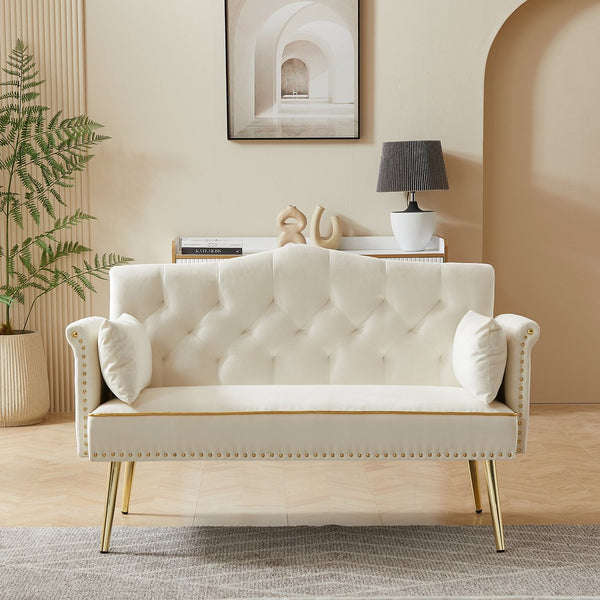 English Elm Black Velvet Tufted Two Seater Sofa with Metal Legs for Studio and Small Living Spaces Cream White W3985P401359