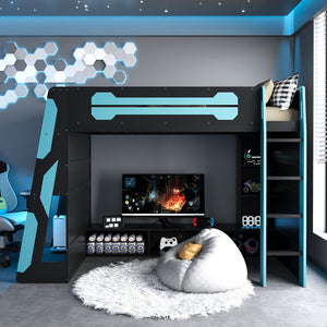 English Elm Twin Gaming Loft Bed with Desk Rgb Lighting and Multi-tier Shelves for Teen Rooms Blue LT000160AAC