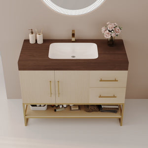 English Elm 36" Freestanding Bathroom Vanity Sintered Stone Top Brushed Gold Legs Wood Cabinet W3136S00056