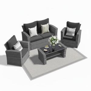 English Elm 4-piece Outdoor Wicker Conversation Set with Tempered Glass Table and Resort Style Black+Brown B082S00058
