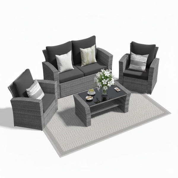 English Elm 4-piece Outdoor Wicker Conversation Set with Tempered Glass Table and Resort Style Black+Brown B082S00058