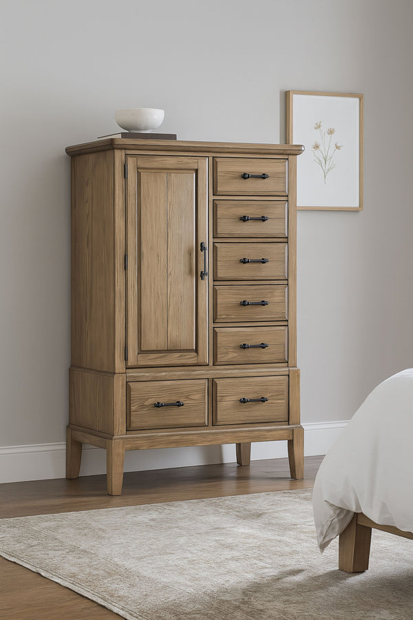 English Elm Gentleman's Elm Chest in Caramel Finish — Solid Wood & MDF, 8-Drawer + Cabinet Storage, Industrial Hardware B2699P353074