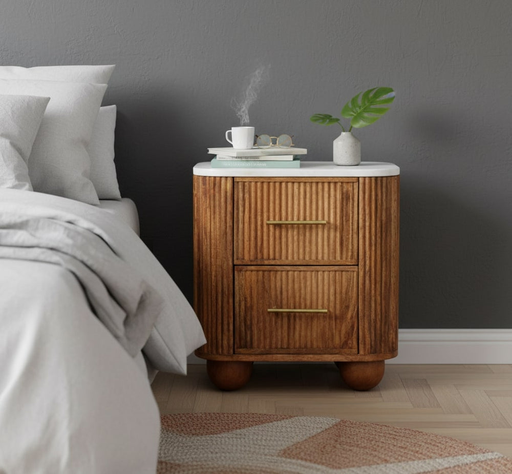 English Elm Artisan Furniture Mango Wood Marble Top Bedside Table Handcrafted Bohemian Accent B182P430275