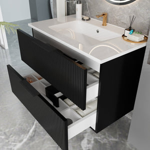 English Elm 36 Floating Bathroom Vanity with Ceramic Sink, Wall-Mounted 36" Modern Fluted Cabinet with Quiet Drawers Matte Black 38.18 L x 22.83 W x 7.48 H W3520S00003
