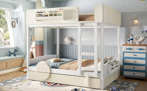 English Elm Full Bunk Bed with Trundle Bookshelf Storage Pine Frame Car Design for Kids Beige+White W1580S00444