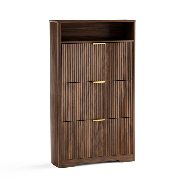 English Elm Shoe Cabinet Slim Entryway Organizer with Flip Compartments Wave Front and Gold Hardware Walnut W1162P384347