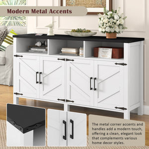 English Elm U_style 59 Inch Sideboard Buffet with Built in Power Outlets Open Cubbies Metal Accents White+Black N711P347407K