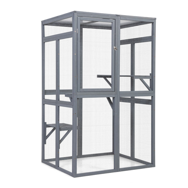 English Elm Wooden Pine Catio Outdoor Cat Enclosure with Hammock Platforms and Rain Shelter Roof W2181P191343