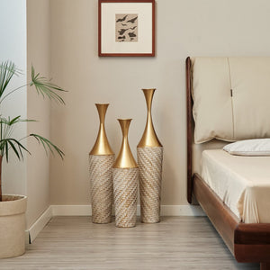 English Elm Floor Metal Vase Set - 3-Piece Modern Geometric Decor With Woven Texture & Glazed Finish,  Tall Accent W2796P255611