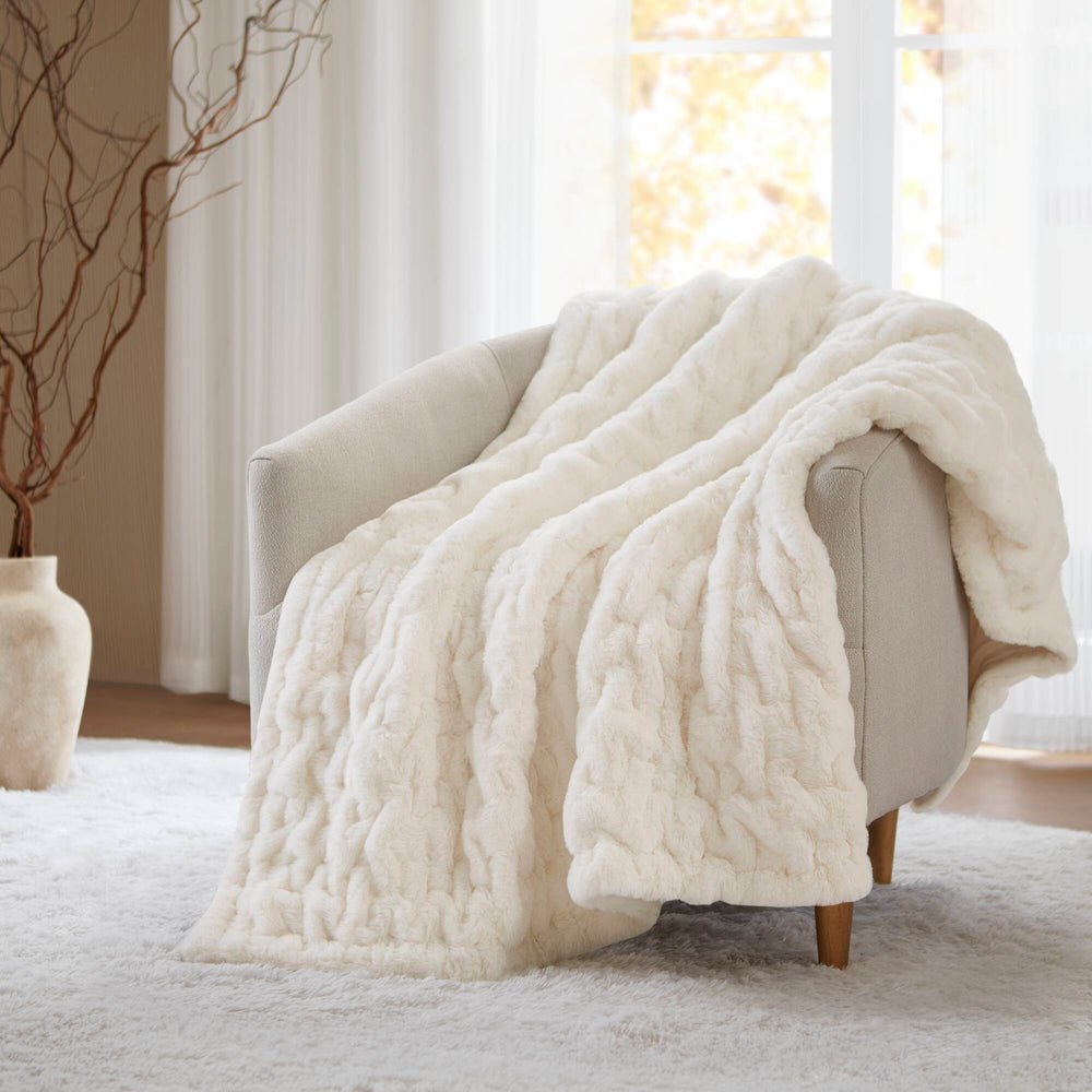 JLA Home Madison Park - Throw Luxurious Ruched Faux Fur with Plush Mink Reverse — Machine Washable, OEKO‑TEX Certified Comfort Ivory MP50-3091