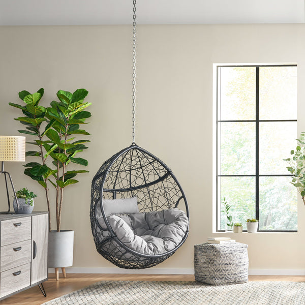 English Elm Christopher Knight Home® - CASTAIC Teardrop Hanging Chair with 8ft Chain — Durable PE Rattan, Water-Resistant Cushions, Cozy Lounging Grey+Black 70772.00