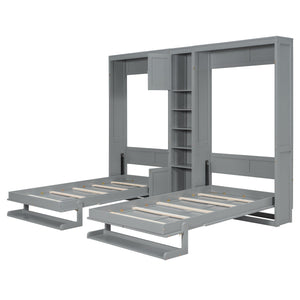 English Elm Dual Twin Murphy Beds with Built-In Cabinets & Shelves for Space-Saving Guest Rooms and Studios Gray N820S00058E
