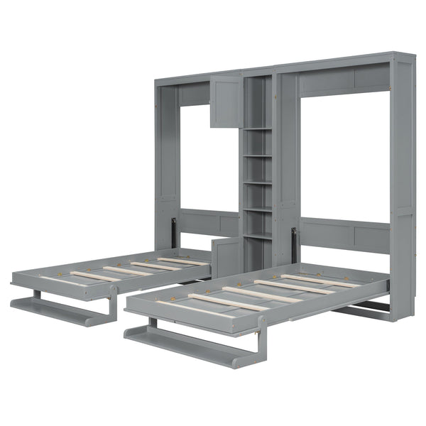 English Elm Dual Twin Murphy Beds with Built-In Cabinets & Shelves for Space-Saving Guest Rooms and Studios Gray N820S00058E