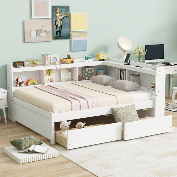 English Elm Full Platform Bed with L-shaped Bookcase Built-in Power Outlets and Storage Drawers White W504S00340