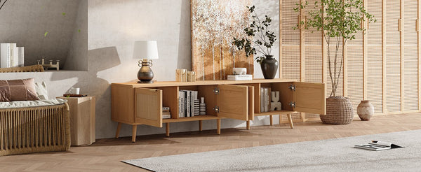 English Elm 70inch Rattan Door Media Console with Pine Legs and Cable Management for Living Room N710P365049P