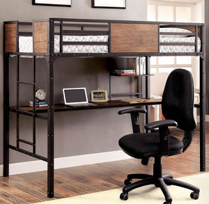 English Elm Metal Industrial Bunk Bed Twin Over Workstation with Wood Panels, Nailhead Trim, Built-In Ladder, Black Finish B2741P353089