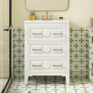 English Elm 24'' Bathroom Vanity with Ceramic Sink and 3 Drawers Retro Solid Wood Frame Freestanding Storage White N710P371184K