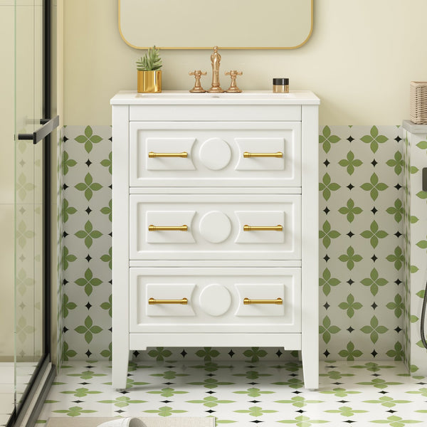 English Elm 24'' Bathroom Vanity with Ceramic Sink and 3 Drawers Retro Solid Wood Frame Freestanding Storage White N710P371184K