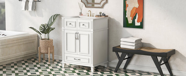 English Elm 24'' Retro Bathroom Vanity Solid Rubberwood Frame Ceramic Sink Soft Close Storage White N710P405405K