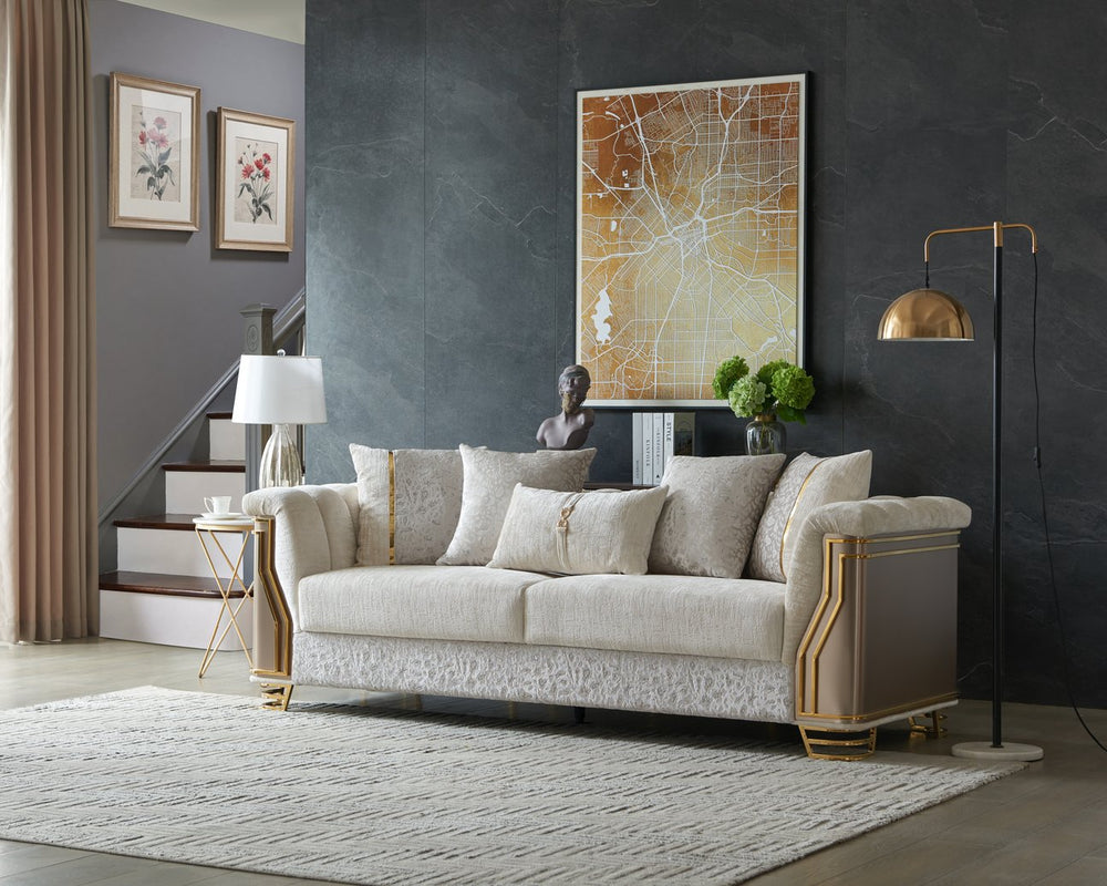 English Elm Chateau Cream Upholstered Sofa and Loveseat Set with Gold Steel Legs for Formal Rooms B009S02178