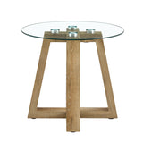 English Elm Modern and Practical Round Table. Made Of Clear Tempered Glass Top and Wood-Coloured Mdf Material. Suitable For Living Rooms and Bedrooms.