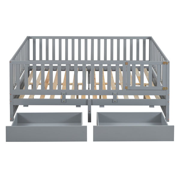 English Elm Full Size Pinewood Kids Daybed with Fence Rails Split Floor Bed and Storage Drawers Gray LP100882AAE