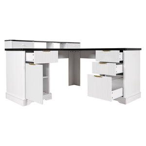English Elm 59" Fluted Oak L-shaped Corner Desk with Charging Station Monitor Stand and File Storage White W2917S00004