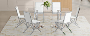 English Elm Table and Chair Set Oval Glass Top Gold Base with 8 Shell Pu Dining Chairs White+Silver W1151S04764