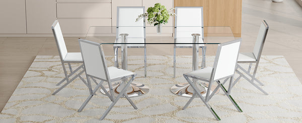 English Elm Table and Chair Set Oval Glass Top Gold Base with 8 Shell Pu Dining Chairs White+Silver W1151S04764