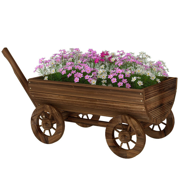 English Elm Outsunny Carbonized Fir Wood Wagon Planter on Wheels Rustic Farmhouse Garden Cart W2225P485575