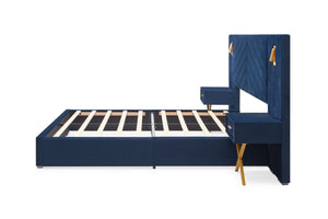 English Elm Queen Velvet Wingback Platform Bed Channel Tufted Upholstered Frame No Box Spring Blue W1793S00051