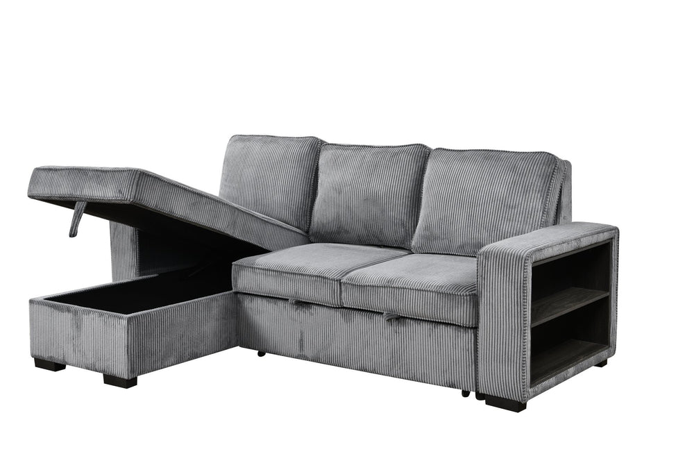 English Elm Modern Pull Out Sofa Bed with Storage Chaise, Convertible L-Shaped Sectional with USB Port and Cup Holder for Living Room — Comfortable Sleeper for Guests Dark Gray W1417S00115