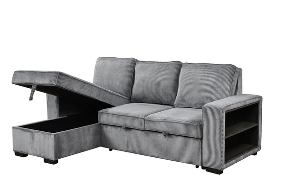 English Elm Modern Pull Out Sofa Bed with Storage Chaise, Convertible L-Shaped Sectional with USB Port and Cup Holder for Living Room — Comfortable Sleeper for Guests Dark Gray W1417S00115