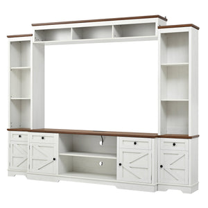 English Elm U-can Farmhouse Wall Unit with Barn Doors Built-in Power Outlets and Open Shelving White+Walnut SJ000154AAK