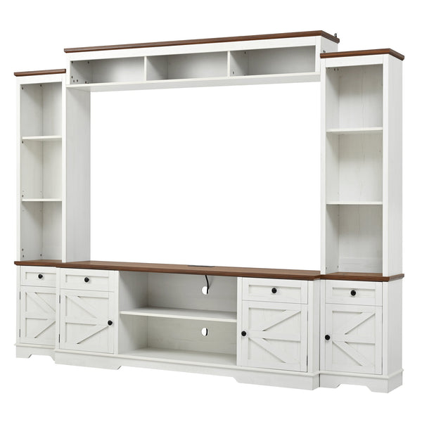 English Elm U-can Farmhouse Wall Unit with Barn Doors Built-in Power Outlets and Open Shelving White+Walnut SJ000154AAK