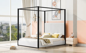 English Elm Queen Velvet Upholstered Canopy Bed White Metal 4 Poster Frame No Box Spring GX001031AAB