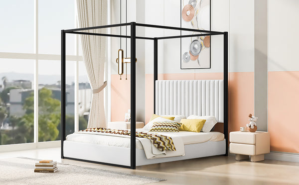 English Elm Queen Velvet Upholstered Canopy Bed White Metal 4 Poster Frame No Box Spring GX001031AAB