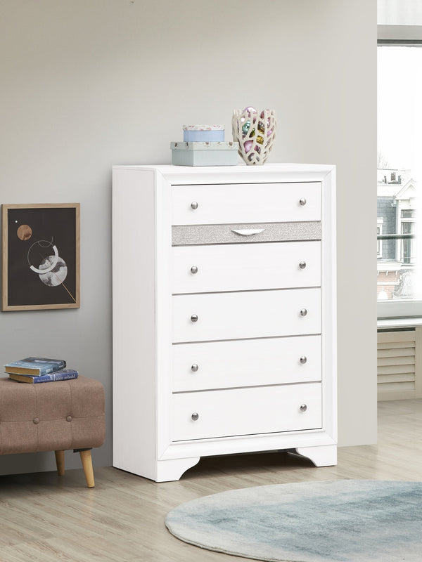 English Elm Madrid 6-Drawer Chest with Felt Lined Tray, Silver Acrylic Trim & Nickel Handles for Modern Storage White 56 L x 37 W x 20 H B078P286063